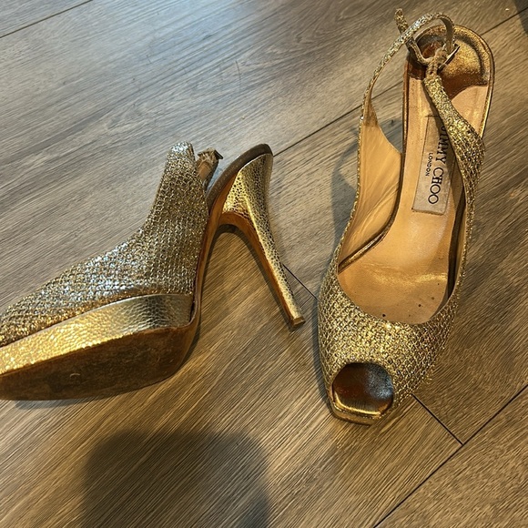 Jimmy Choo Glittering Gold Peep-Toe Heels 37 - Picture 2 of 11